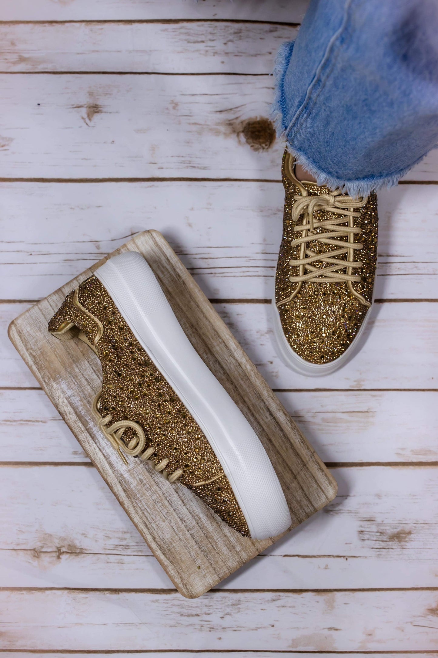 Rizzo Rhinestone Sneakers in Gold